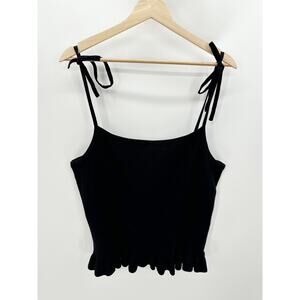 Express Factory Black Ribbed Sweater Tank Ruffle Hem Tie Shoulder Womens Size XL